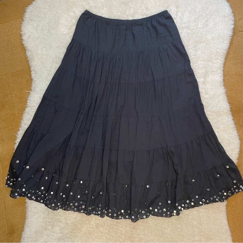 Tramp y2k dark grey sequin hem tiered midi/ maxi skirt